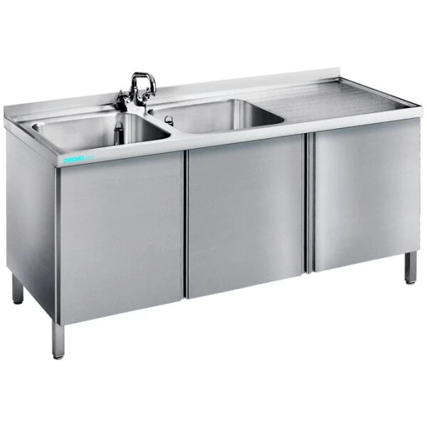 Spültisch mit 2 Becken links und Flügeltüren