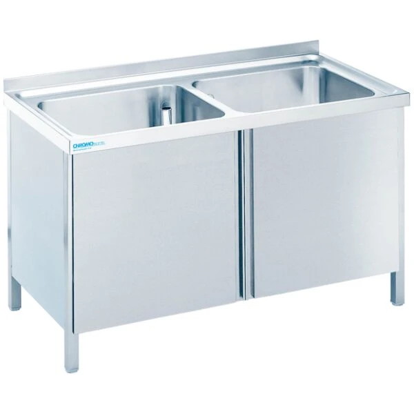 Spültisch mit 2 Becken mittig und Flügeltüre - 1400x700x850/900 mm