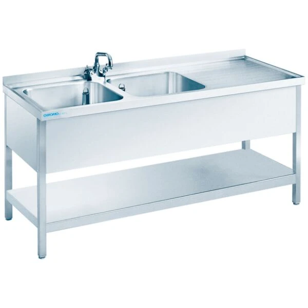 Spültisch mit 2 Becken links und Zwischenboden