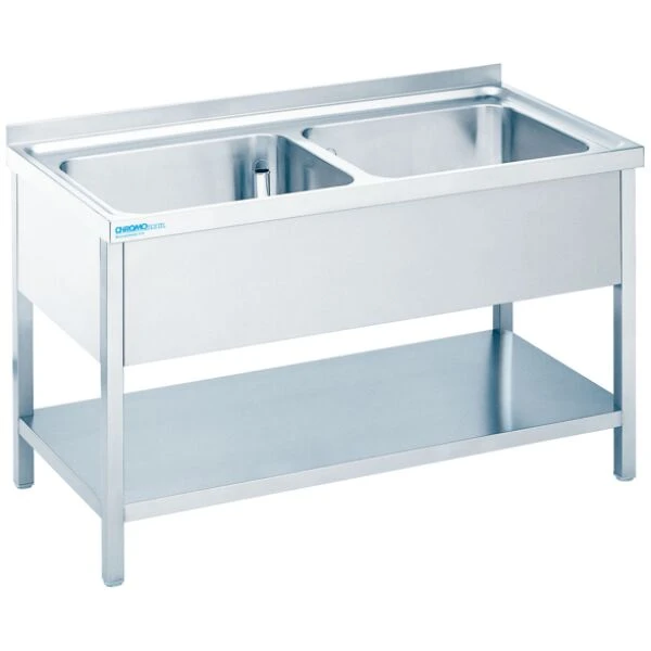 Spültisch mit 2 Becken mittig und Zwischenboden - 1400x700x850/900 mm