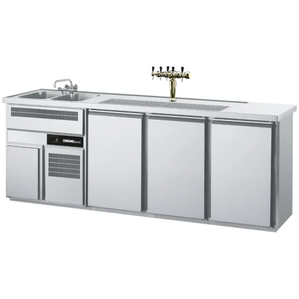 Getränketheke GN 1/1, 2 Becken links, 3 Türen, mit Abdeckung, Zentralkühlung - 2500x700x980 mm