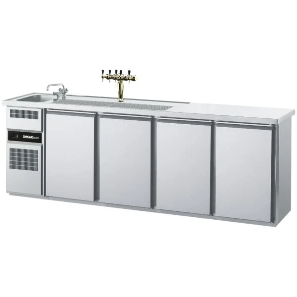 Getränketheke GN 1/1, 1 Becken links, 4 Türen, mit Abdeckung, Zentralkühlung - 2650x700x980 mm